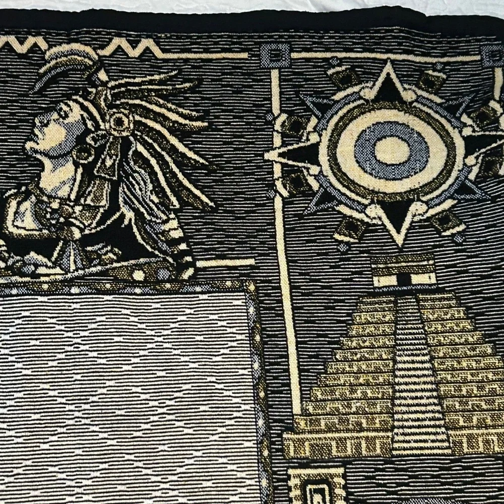 Mexican Aztec Mayan Sun Stone Calendar Woven Tapestry Blanket Jaguar Pyramids